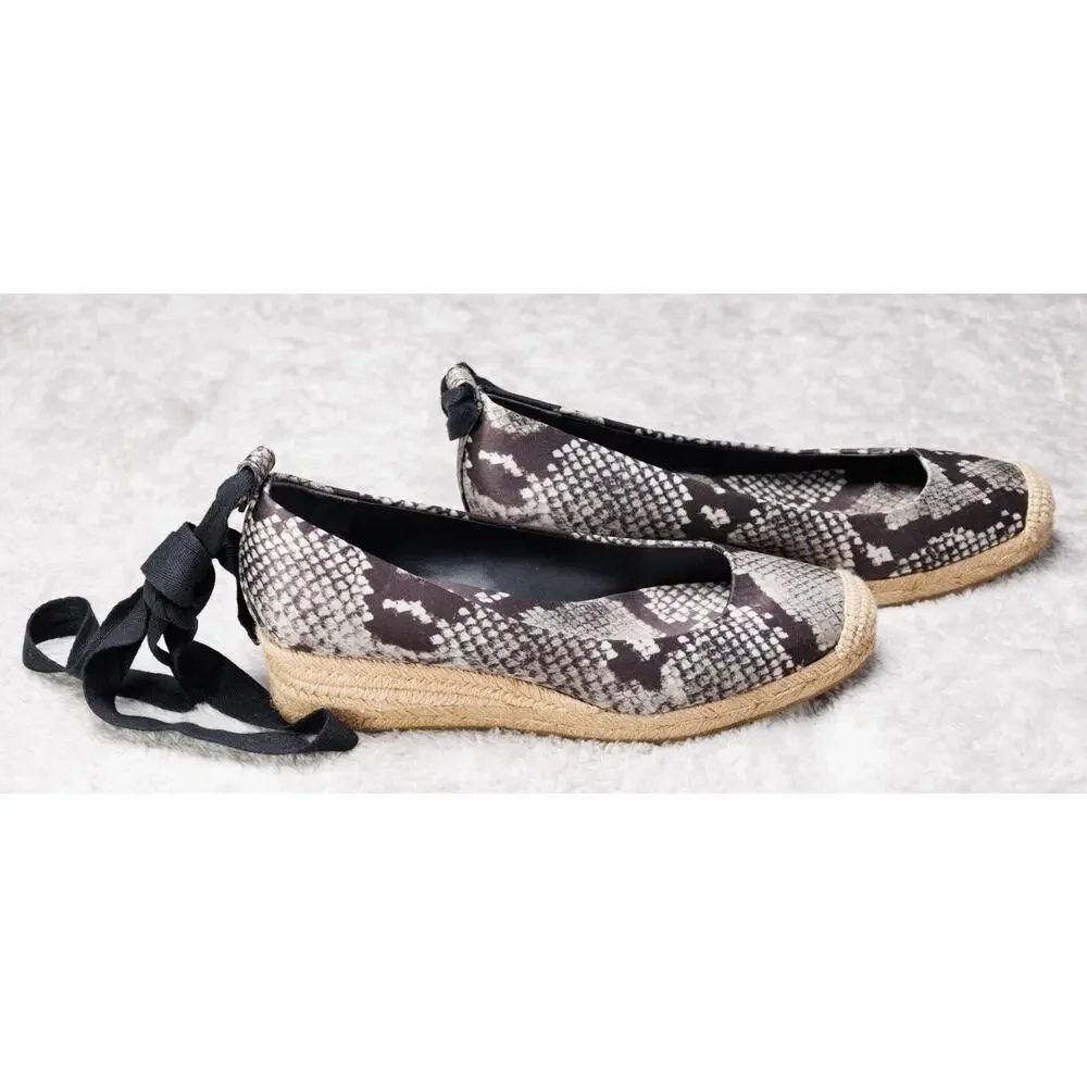 Tory Burch Heather Black Snakeprint Ankle Wrap Satin Wedges Espadrilles Womens 7